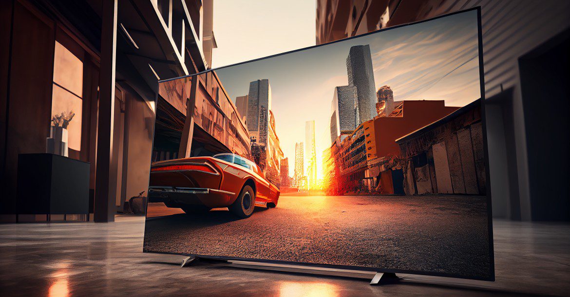 From HD to 4K: How IPTV Is Redefining TV Quality 2 A sleek, modern KemoTV displayed on a reflective surface features a vibrant image of a cityscape. The scene shows a vintage car driving down a sunset-lit urban street with towering skyscrapers in the background.