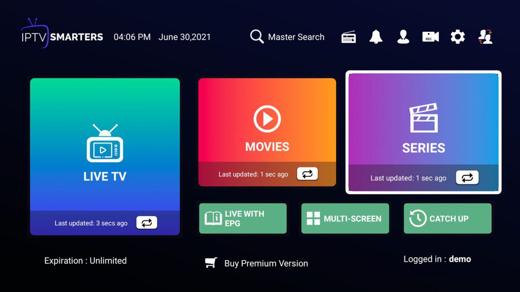 Screen displaying IPTV Smarters app interface with options for Live TV, Movies, and Series. Features include Master Search, Notifications, and Settings. Buttons for Live with EPG, Multi-Screen, Account Info, and Logout are at the bottom—ideal for KemoTV users.