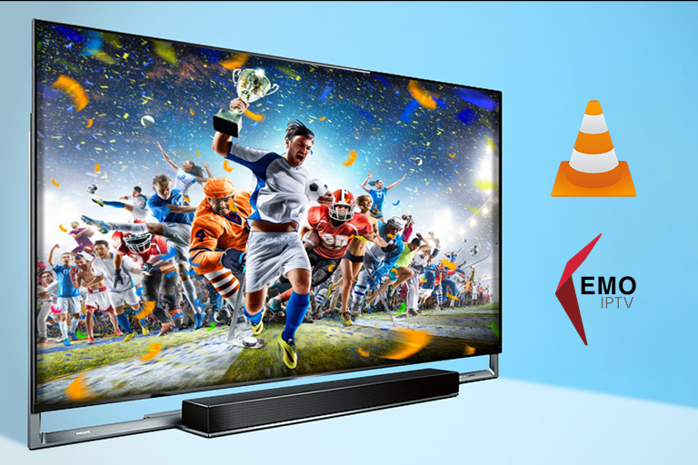 VLC Player 2 A modern widescreen TV displays an exciting sports scene with athletes from various sports running towards the camera, one holding a trophy. The background is festive with confetti. Two icons are next to the TV: one of VLC Media Player and the other of Emo IPTV.