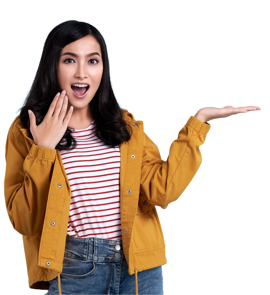 A woman with long dark hair, wearing a yellow jacket over a red and white striped shirt, and blue jeans, stands against a black background. With a surprised expression, one hand touches her face while the other extends palm up as if presenting Kemo TV's impressive IPTV channel list.