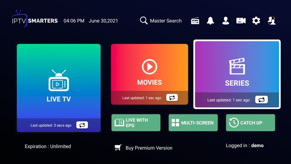 Screen displaying IPTV Smarters app interface with options for Live TV, Movies, and Series. Features include Master Search, Notifications, and Settings. Buttons for Live with EPG, Multi-Screen, Account Info, and Logout are at the bottom—ideal for KemoTV users.