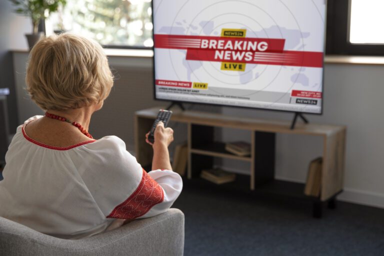 A woman with short blond hair, seen from behind, is sitting in a chair and holding a TV remote. She is watching a television screen displaying "BREAKING NEWS LIVE" in bold red and yellow letters from her kemoiptv subscription. The room has a wooden TV stand and blurred window view in the background.
