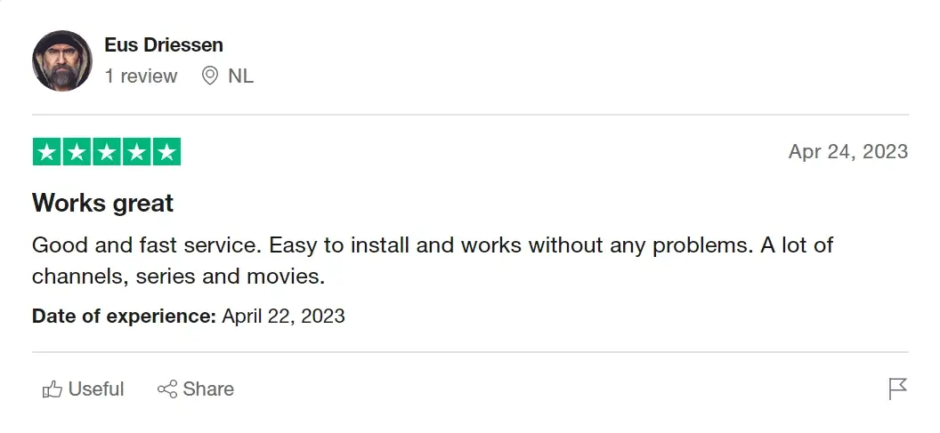 A review by Eus Driessen from the Netherlands with a 5-star rating, dated April 24, 2023. The review reads: "Works great. Good and fast service. Easy to install and works without any problem. A lot of channels, series, and movies. Date of experience: April 22, 2023." Options to mark the review as useful or share it are available.