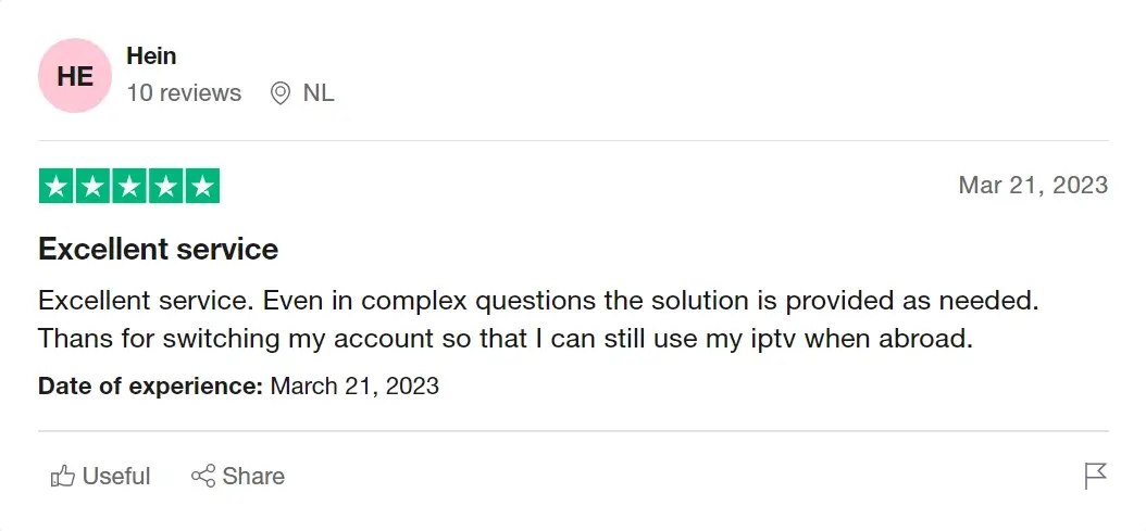 A 5-star review by a user named Hein. The review, dated March 21, 2023, praises the service for providing solutions to complex questions and for switching the account to enable IPTV usage abroad. The review title is "Excellent service," and Hein has posted 10 reviews.