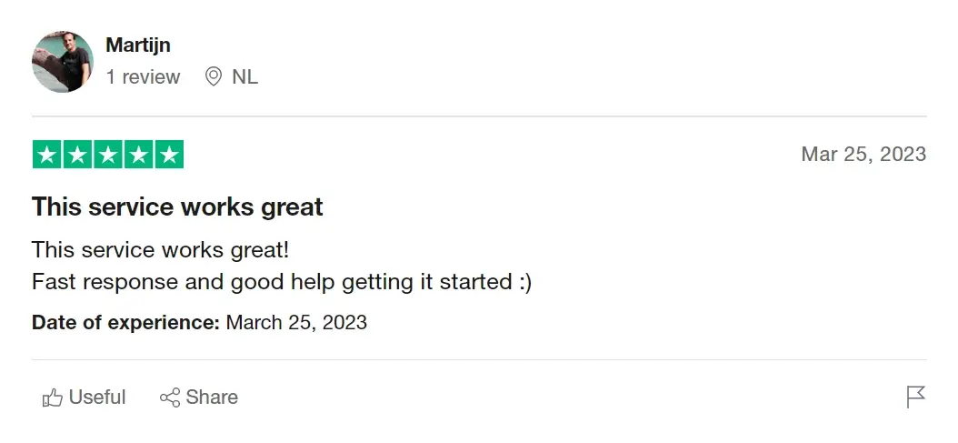 A review from Martijn on Trustpilot. Martijn from the Netherlands gave a 5-star rating on March 25, 2023, stating “This service works great! Fast response and good help getting it started :)”. Options to mark the review as Useful or Share are visible below the text.