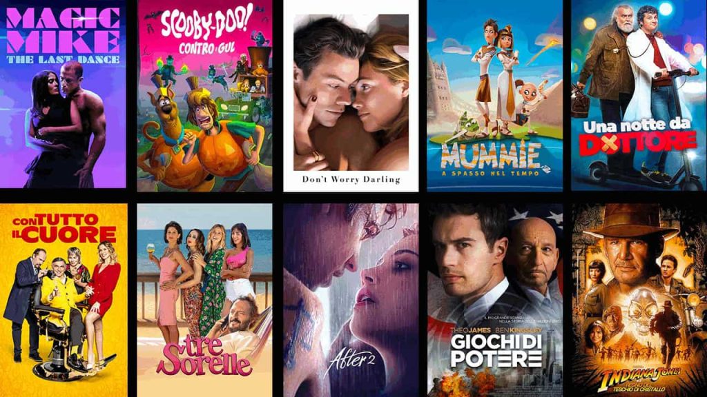 A collage of 10 movie posters includes titles such as "Magic Mike The Last Dance," "Scooby-Doo," "Don't Worry Darling," "L'uomo che Aggiustava il Tempo," "Una Notte da Dottore," "Con Tutto il Cuore," "Tre Sorelle," "After 2," "Giochi di Potere," and "Indiana Jones.