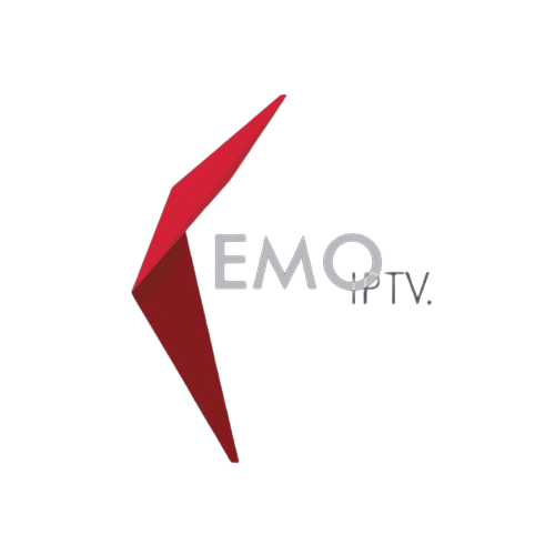 The image showcases a TV network's logo with the text "EMO TV" in stylized letters, reminiscent of popular iptv channel lists. A red, angular, and geometric shape is positioned to the left of the text on a black background.