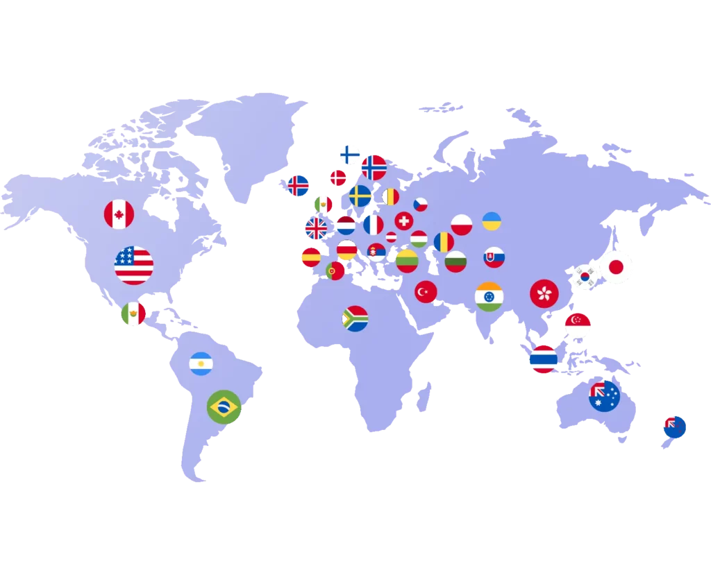 A world map with various international flags placed on their respective countries. Flags include those of the United States, Canada, Brazil, United Kingdom, Germany, Russia, India, China, Japan, South Korea, Australia, and several European nations among others. Discover it all with kemo tv for global insights.