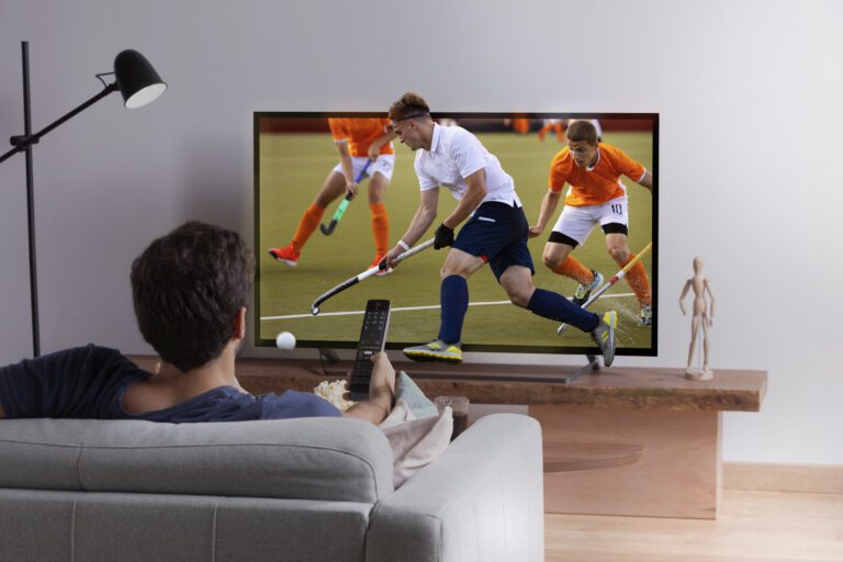 A person sits on a couch holding a remote control, watching a hockey game on Kemo IPTV displayed on a large flat-screen TV. The game features players in white and orange uniforms playing on a field. The living room has a modern design with a floor lamp and a small sculpture on a shelf.