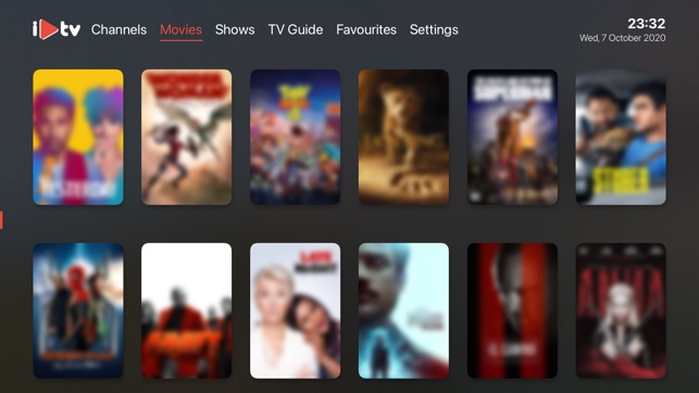 The KemoIPTV streaming service interface displays a selection of movie posters. Categories at the top include Channels, Movies, Shows, TV Guide, Favourites, and Settings. The top right corner shows the date and time as 23:32 on Wednesday, 7 October 2020. Enjoy an extensive IPTV channel list for endless entertainment.