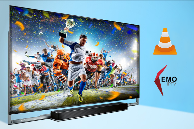 A modern widescreen TV displays an exciting sports scene with athletes from various sports running towards the camera, one holding a trophy. The background is festive with confetti. Two icons are next to the TV: one of VLC Media Player and the other of Emo IPTV.