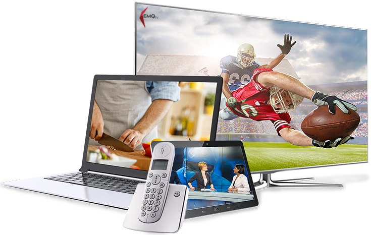 A graphic showing various electronic devices. A laptop screen displays a person chopping vegetables. A smartphone screen shows two people in a video call. A TV screen, branded with KemoTV, depicts an American football player mid-air, about to make a catch. A cordless phone is also visible.