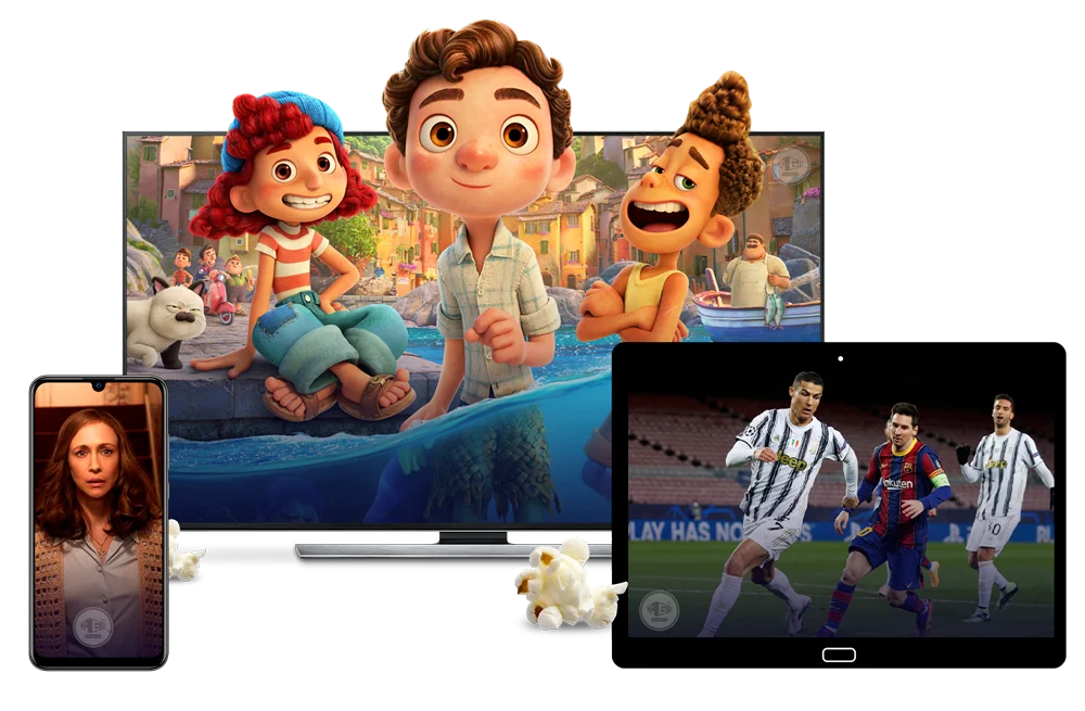 Image depicts two screens showcasing different types of media. The larger screen shows a colorful animated scene with three smiling characters sitting by a seaside town. The smaller screen displays a soccer match featuring two players on a field. There is also a bowl of popcorn in front of the devices, streaming from KemoTV.