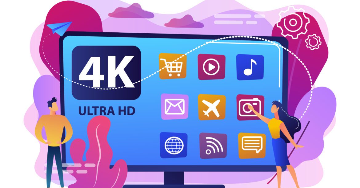 Illustration of two people interacting with a large 4K Ultra HD screen displaying various app icons, including shopping, email, travel, music, video, kemotv, globe, chat, and settings. The background is colorful with abstract elements.