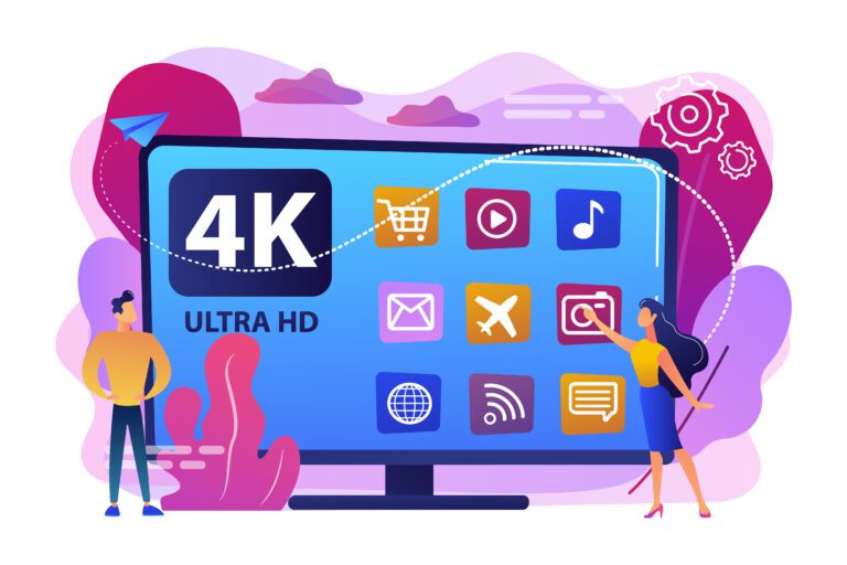 Illustration of two people interacting with a large 4K Ultra HD screen displaying various app icons, including shopping, email, travel, music, video, kemotv, globe, chat, and settings. The background is colorful with abstract elements.