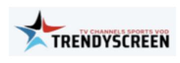 Logo of TrendyScreen. The design features a stylized star with four points in black, red, blue, and white colors. Next to the star, the text reads "TV Channels Sports VOD." Below this, the bold text reads "TRENDYSCREEN." Your go-to source for TV channels and kemoiptv content.