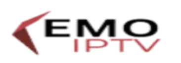 The image is a logo featuring the text "EMO IPTV." The "EMO" part is in bold, black capital letters, and the "IPTV" part is in red capital letters. A red geometric shape resembling an abstract arrow or wing is positioned to the left of the text, reminiscent of Kemo TV branding.
