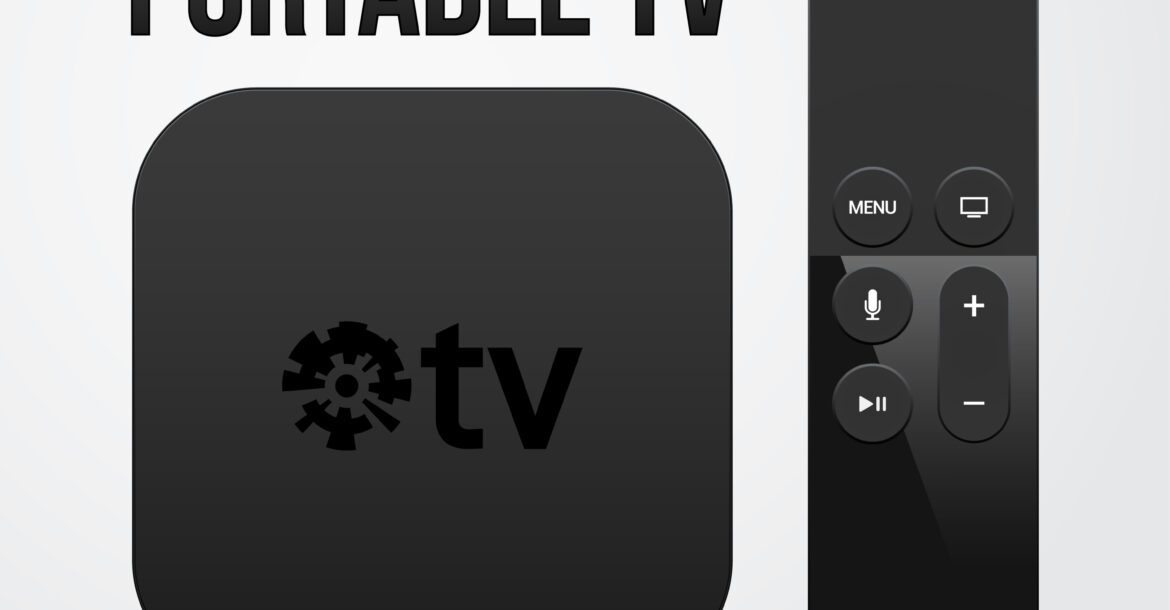 A black portable TV box, labeled "kemo iptv," is displayed beside a remote control with buttons including "Menu," "Select," "Home," "Mic," "+" and "-". The text "PORTABLE TV" is displayed above the TV box.