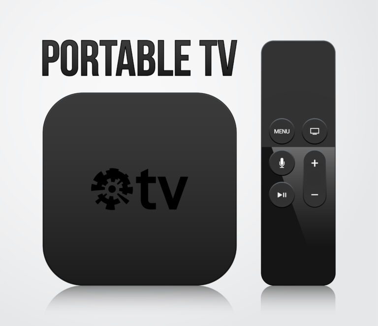 A black portable TV box, labeled "kemo iptv," is displayed beside a remote control with buttons including "Menu," "Select," "Home," "Mic," "+" and "-". The text "PORTABLE TV" is displayed above the TV box.