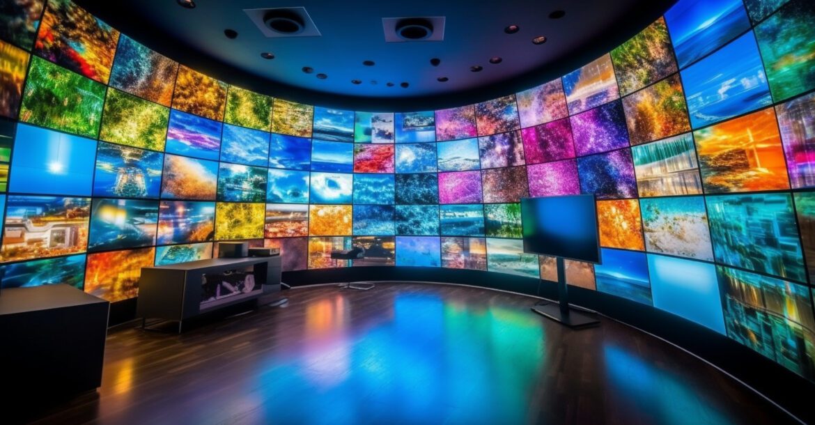 A curved wall filled with numerous vibrant, high-definition screens streaming Kemo IPTV creates an immersive, futuristic room. The space features sleek, dark flooring and modern furniture, including a workstation and a standing screen.