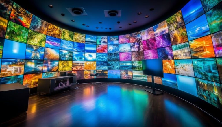 A curved wall filled with numerous vibrant, high-definition screens streaming Kemo IPTV creates an immersive, futuristic room. The space features sleek, dark flooring and modern furniture, including a workstation and a standing screen.