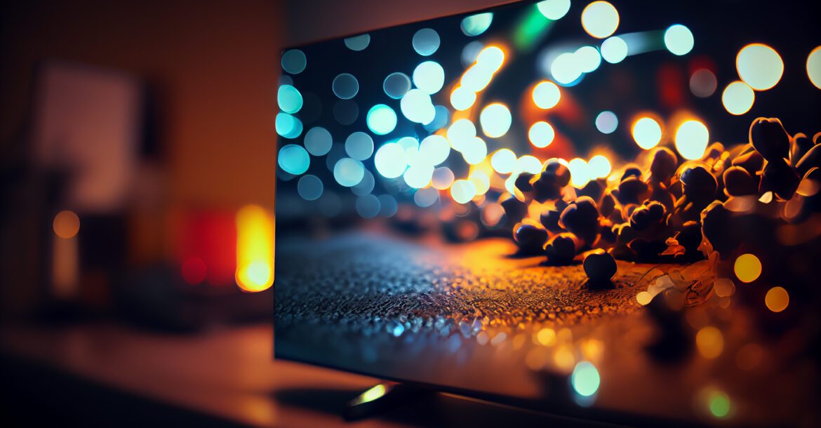 A modern, flat-screen TV displays a high-definition image featuring a close-up of popcorn with a vibrant bokeh effect in the background. The scene is set in a dimly lit room, lending a cozy atmosphere, with warm yellow and blue glowing lights adding ambiance—perfect for browsing your KemoTV IPTV channel list.