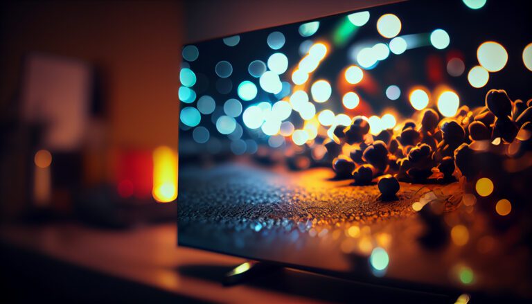 A modern, flat-screen TV displays a high-definition image featuring a close-up of popcorn with a vibrant bokeh effect in the background. The scene is set in a dimly lit room, lending a cozy atmosphere, with warm yellow and blue glowing lights adding ambiance—perfect for browsing your KemoTV IPTV channel list.