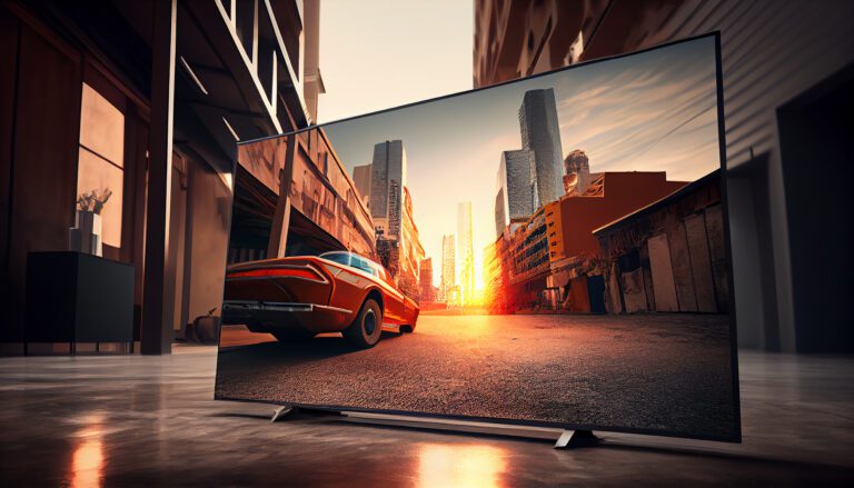 A sleek, modern KemoTV displayed on a reflective surface features a vibrant image of a cityscape. The scene shows a vintage car driving down a sunset-lit urban street with towering skyscrapers in the background.