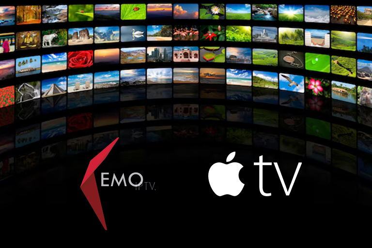 A curved wall displays a collage of diverse images, ranging from landscapes to architectural scenes, against a black background. Below, the words "KEMO IPTV" and the Apple TV logo are prominently featured in white, enticing viewers with its extensive IPTV channel list.